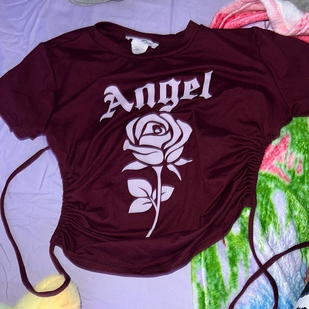 Maroon, small crop top open back, ruby and lace, good condition.